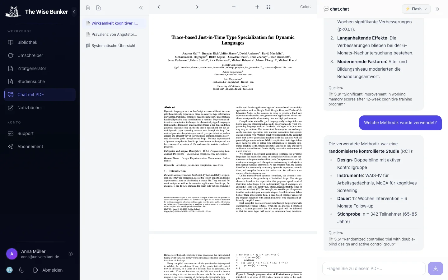 Chat mit PDF zeigt KI-Konversation mit Seitenzitaten