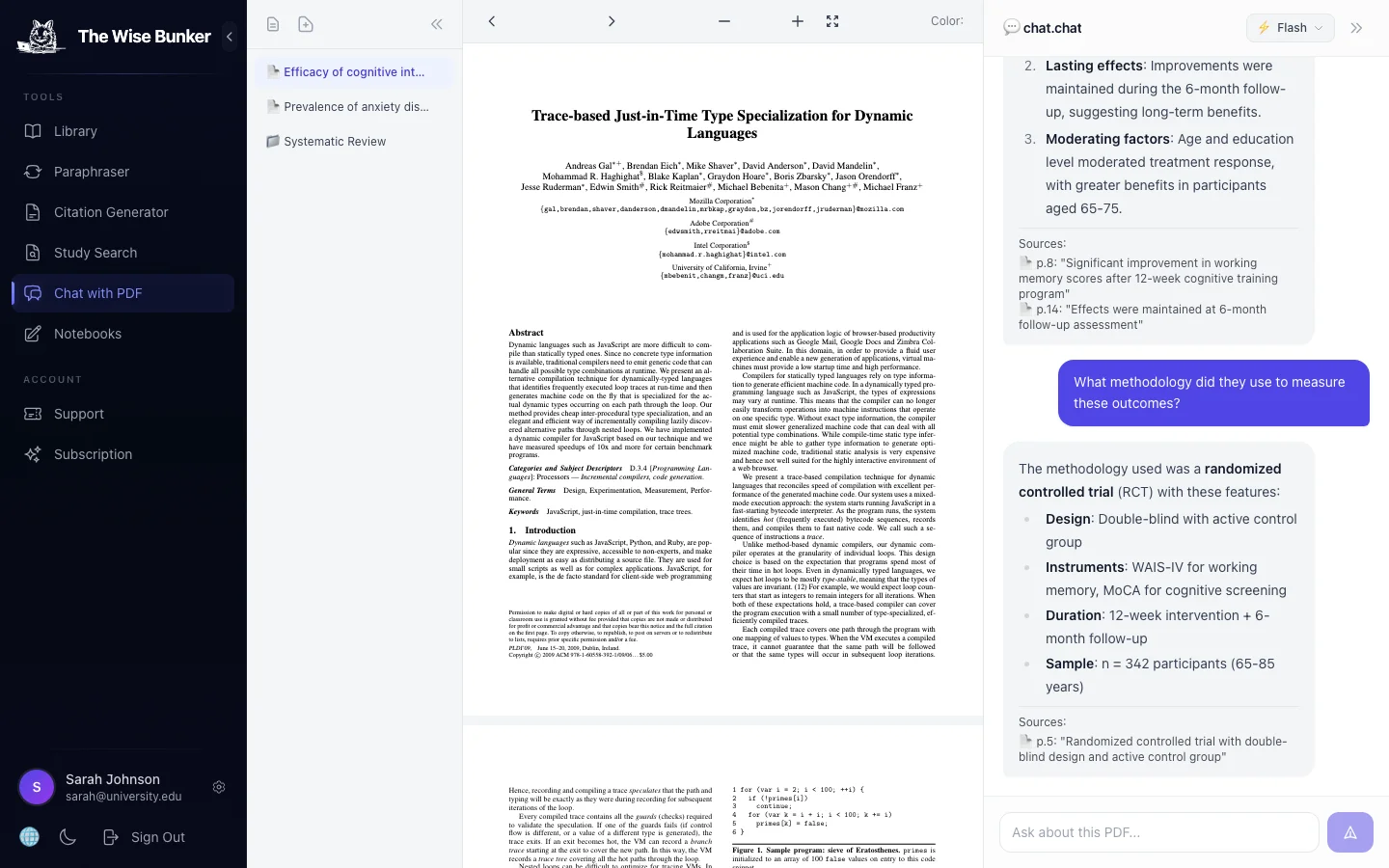 Chat with PDF showing AI conversation with page citations
