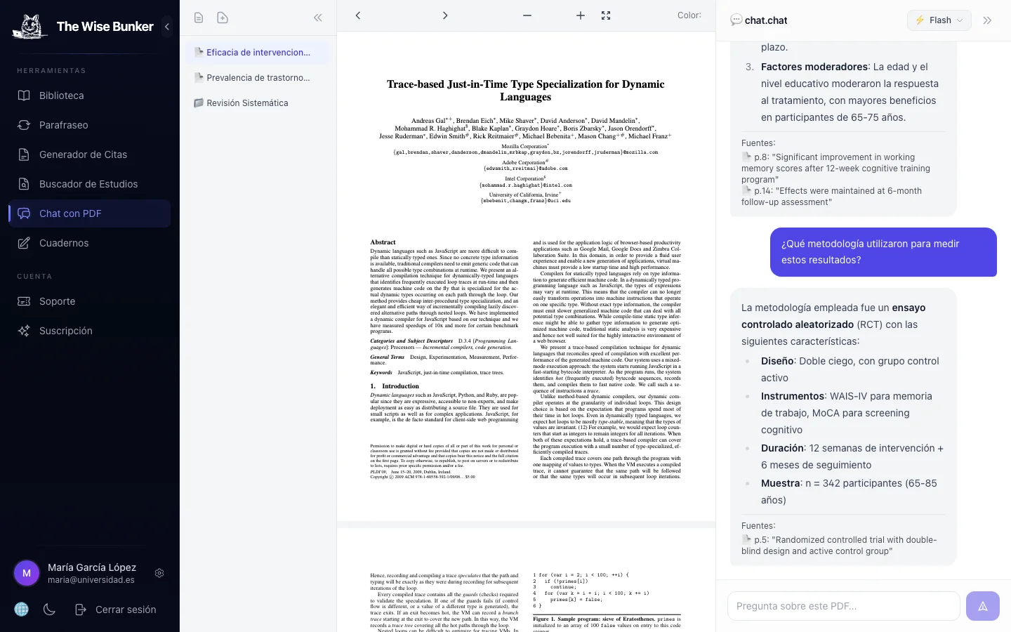 Chat con PDF mostrando conversación con IA y citas de páginas