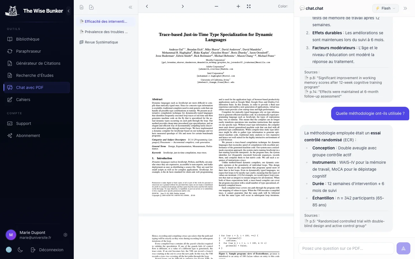 Chat avec PDF montrant une conversation IA avec citations