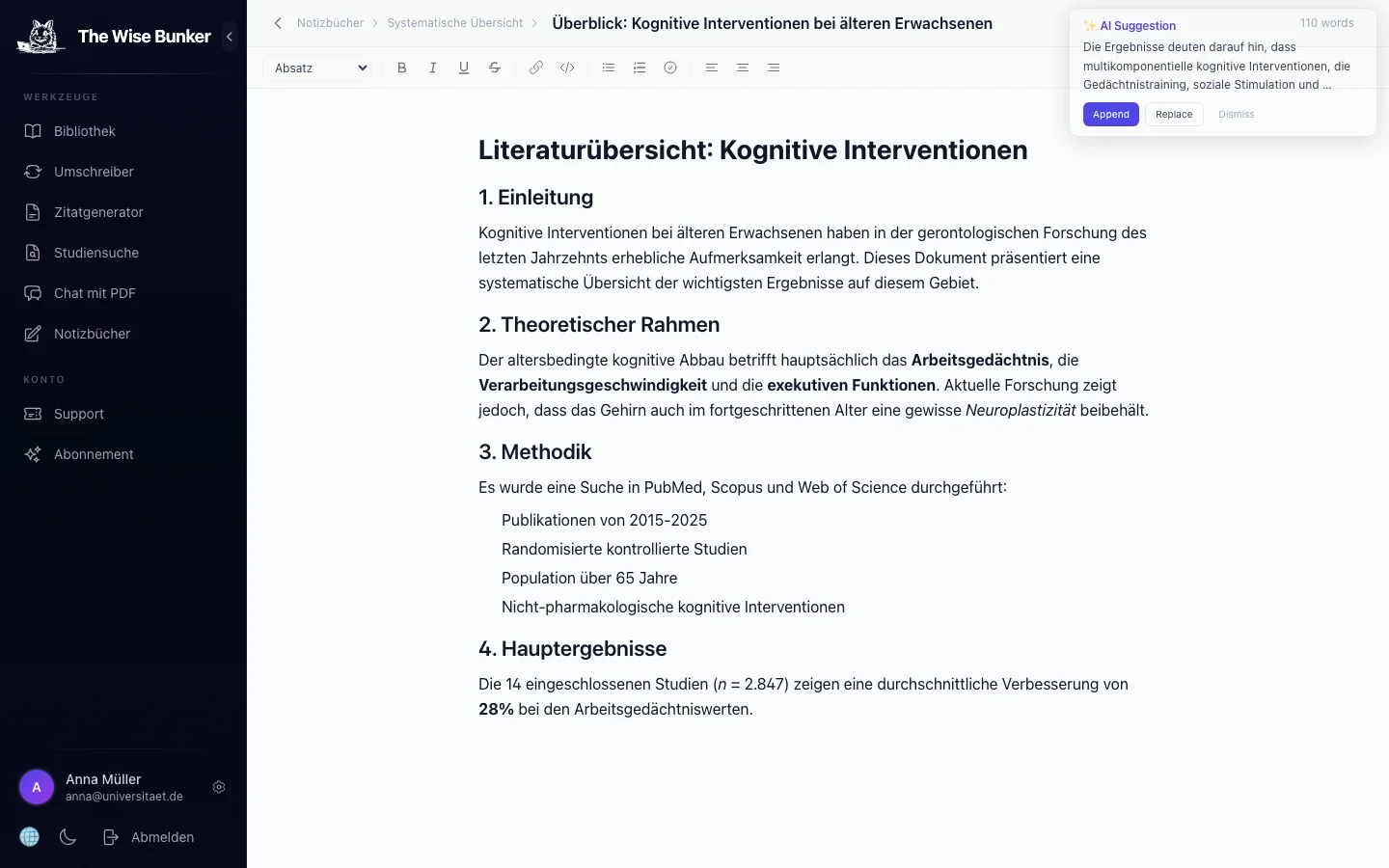 Notizbuch-Editor mit KI-Vorschlag