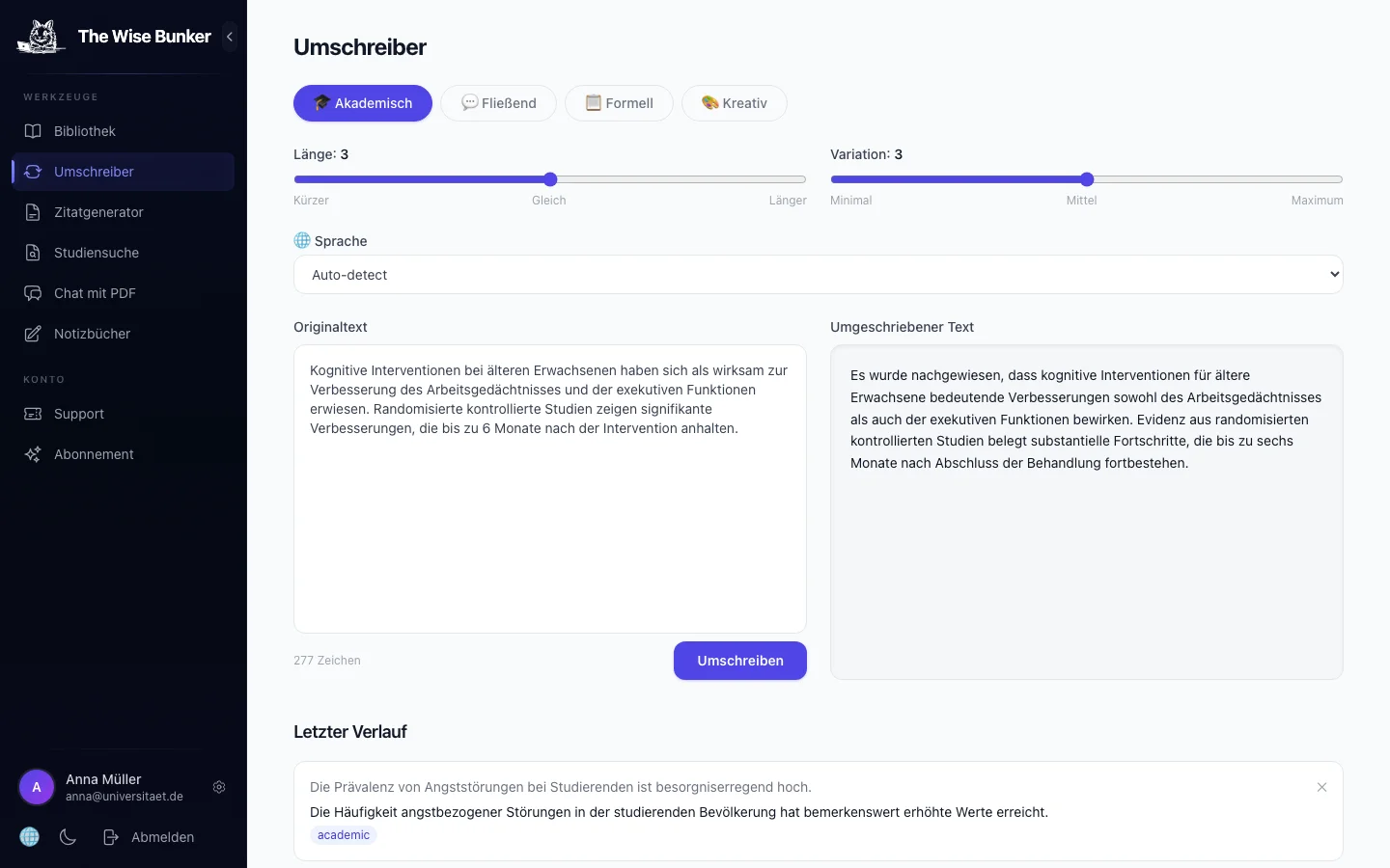 Paraphrasierer mit Original- und paraphrasiertem Text