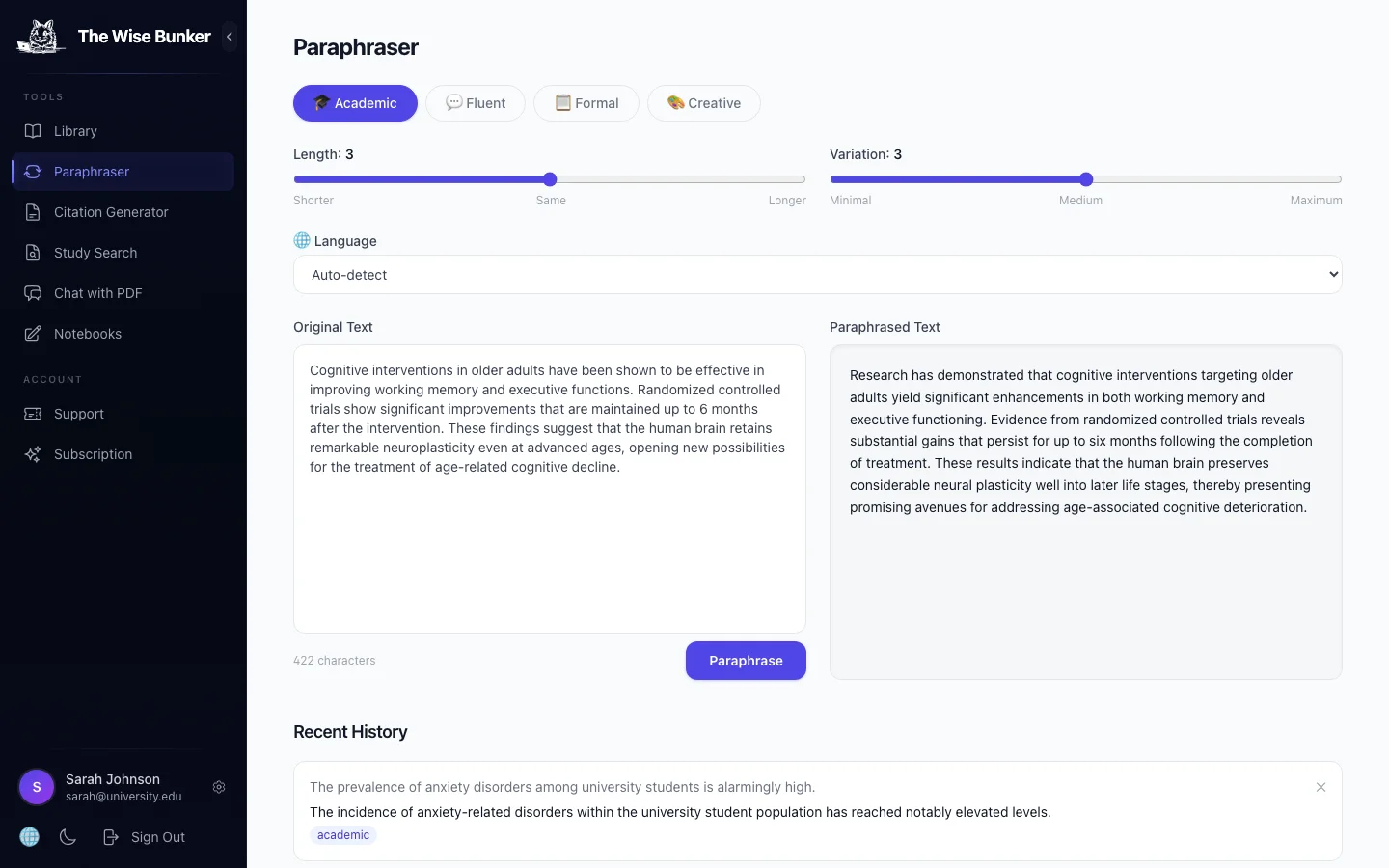Paraphraser with original and paraphrased text