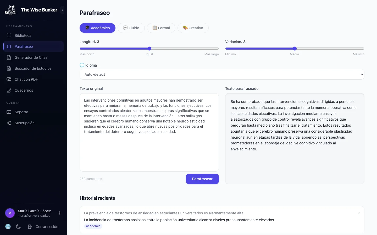 Parafraseador con texto original y texto parafraseado