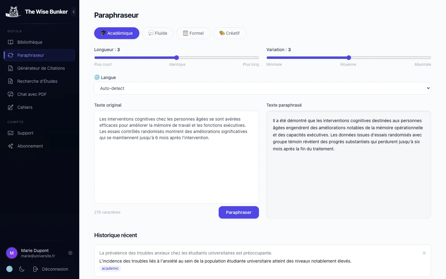 Paraphraseur avec texte original et texte paraphrasé
